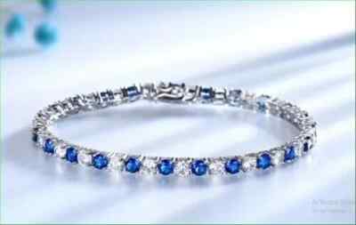 Women's Round Cut Lab Created Sapphire & Diamond Tennis Bracelet 14k White Gold
