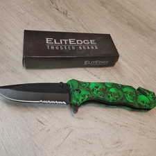 ElitEdge Tactical Folding Pocket Knife 3" Green Skulls Red Eyes NEW 10-A89GNSC