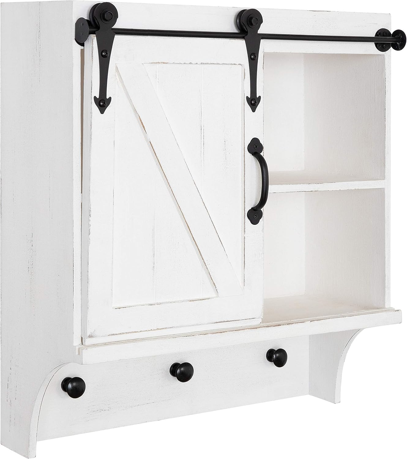 Farmhouse wall cabinet with sliding barn door and 3 hooks for stylish storage