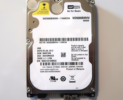 Western Digital WD5000BMVW-11AMCS4 SH0T2HN (WXD1) Malaysia 500gb USB 06JUL2012