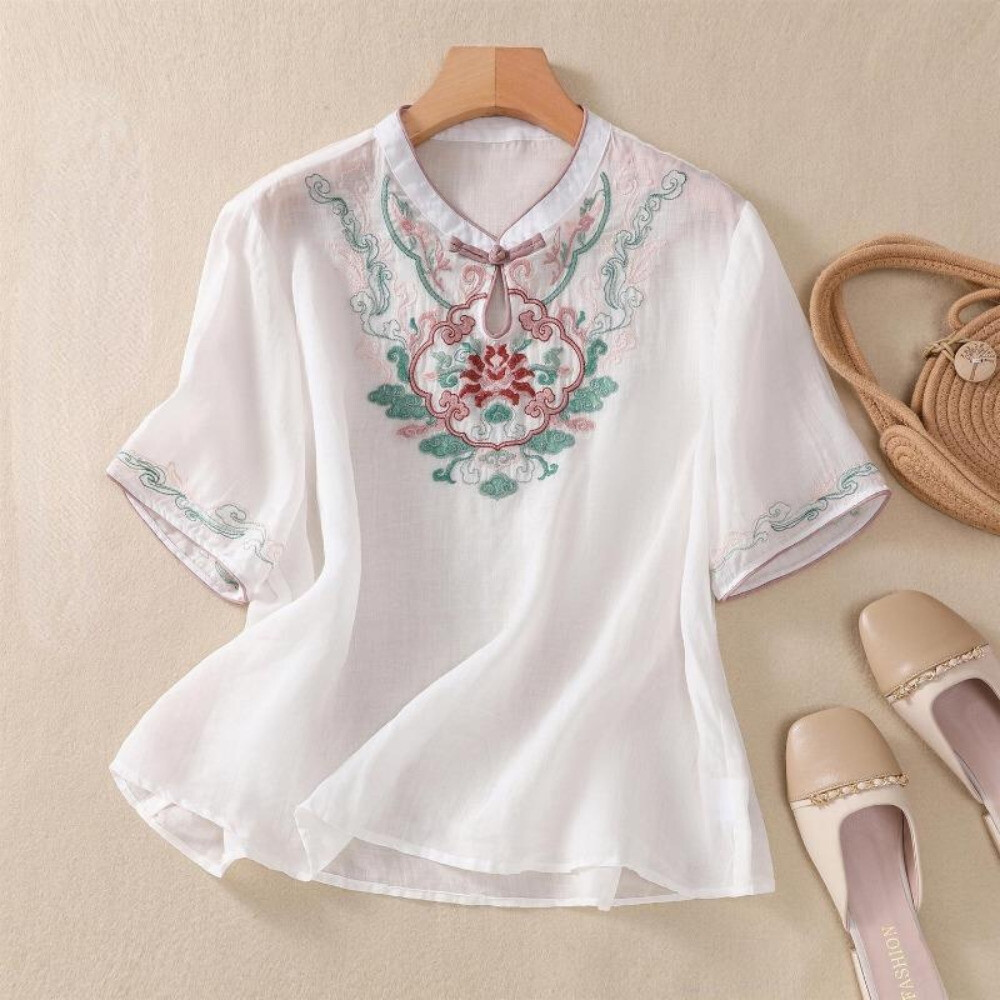 Lady Embroidered T-shirts Tops Blouse Vintage Chinese Cotton