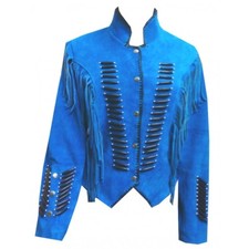 Womens Suede Leather Blue Fringe Native American Western Style Cowboy Jacket