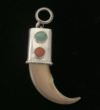 Vintage Sterling Silver Horn Pendant with Turquoise and Coral Stones