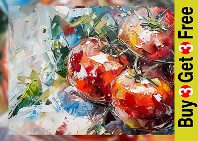 Saftige rote Tomaten 5''x7'' Druck auf mattem Papier | Lebendige Impasto Bauernhaus Kunst