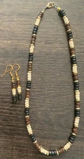 17" Black, White, and Brown Wooden Disc Necklace and Earring Set