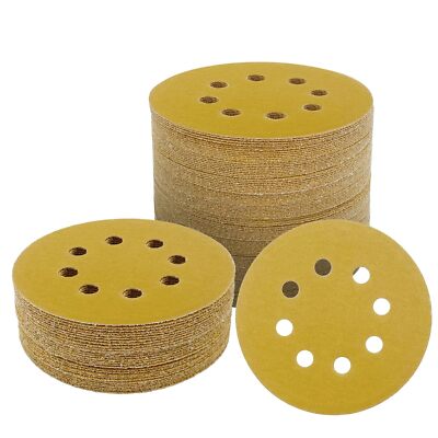 200PCS 5'' Premium Aluminum Oxide Gold 8 Holes Hook Loop Discs 240 Grit for Metal