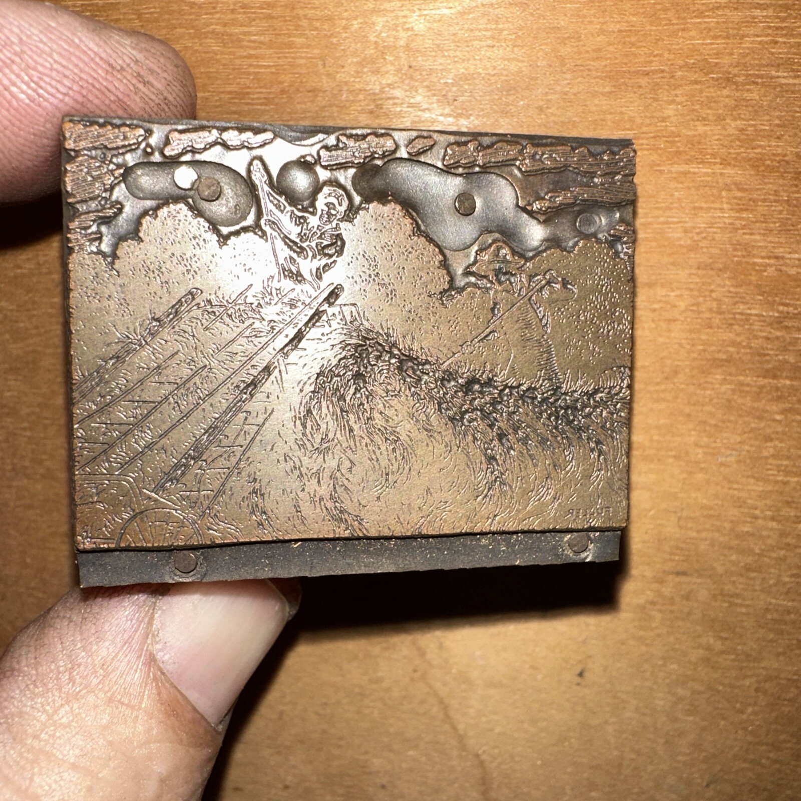 Printing Block “ 2 Men Haying in a Field “ Copper Face, Nice Details!