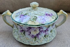 NIPPON MORIAGE DOUBLE HANDLE LIDDED BOWL TUREEN PURPLE VIOLETS PANSIES RARE