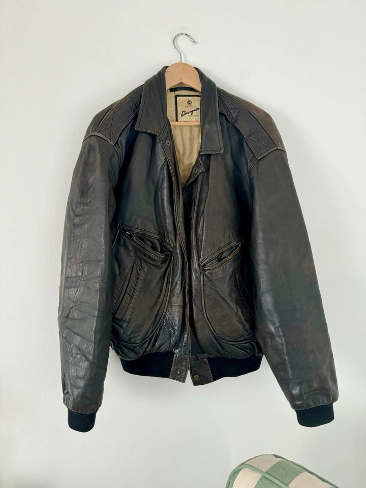 Chevignon Vintage 80’s Leather Bomber Flight Jacket Men’s Distressed Biker RARE - Image 2 of 4