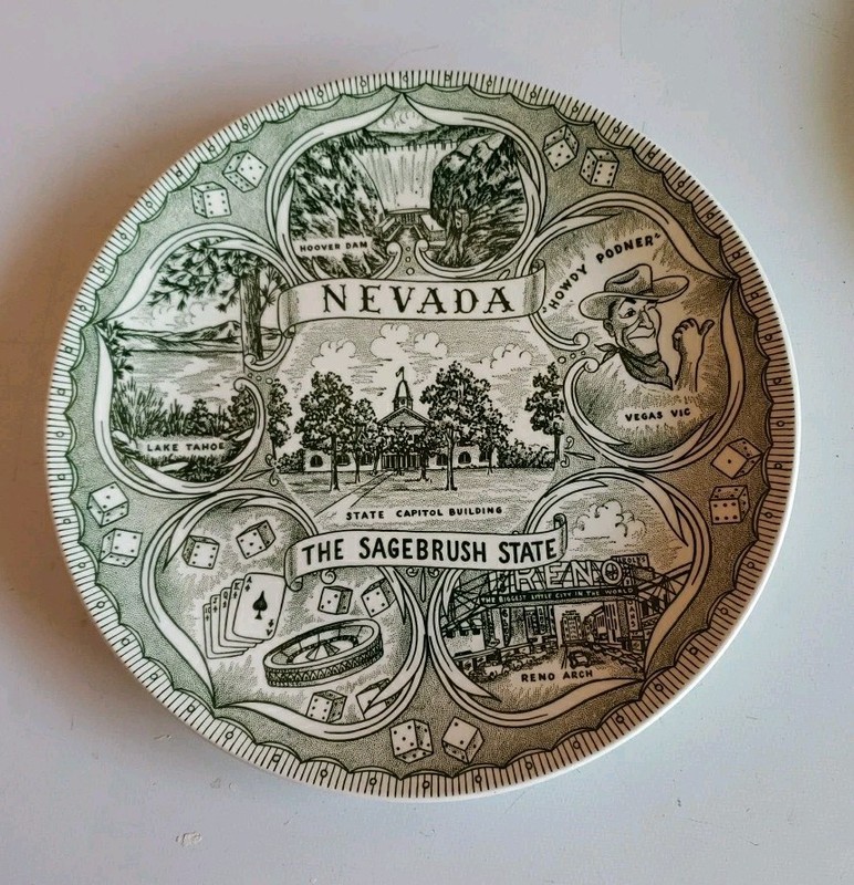VTG Nevada Sagebrush State Souvenir Plate Green Transferware Las Vegas