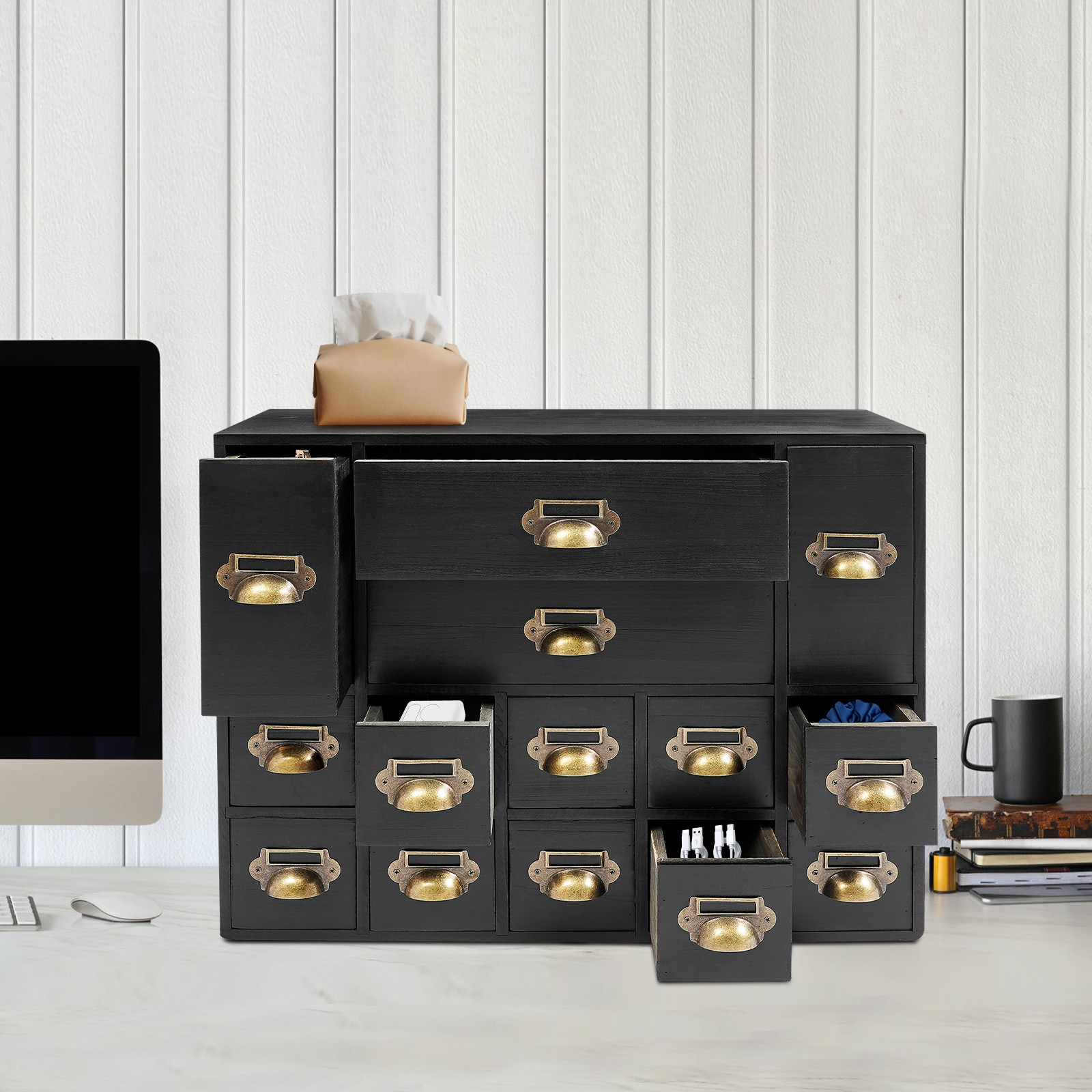 14 Drawers Black Vintage Organizer Apothecary Cabinet Dressers Label Holder