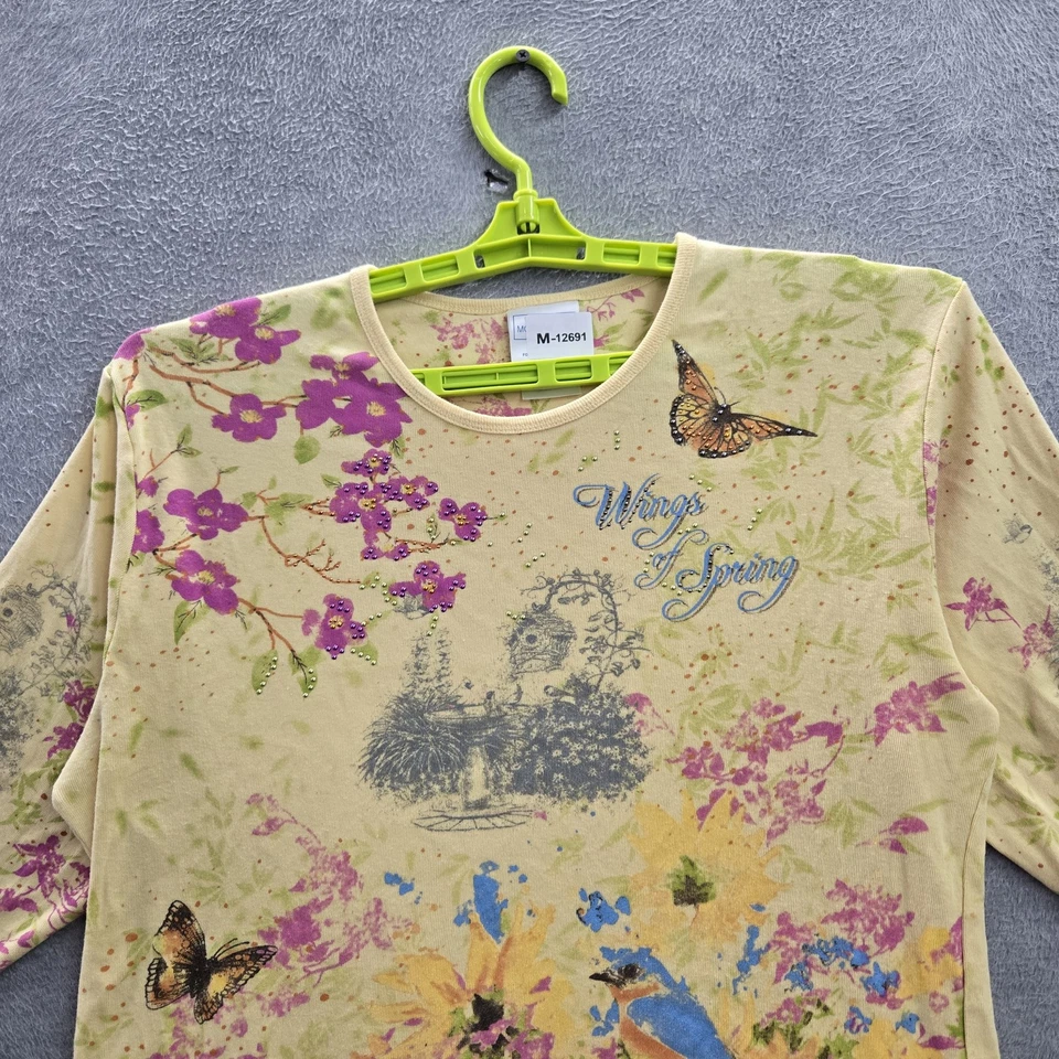 Morning Sun Women Shirt X LARGE Yellow Floral Beaded Glitter Crew Neck Pullover - Image 3 of 4