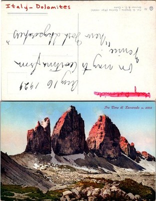 Vintage 1929 Tre Cime di Lavaredo Italy Dolomites Postcard Handwritten Back