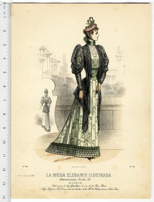Large 1892 FASHION PRINT Women Black Lace Jacket HAND COLORED La Moda Madrid