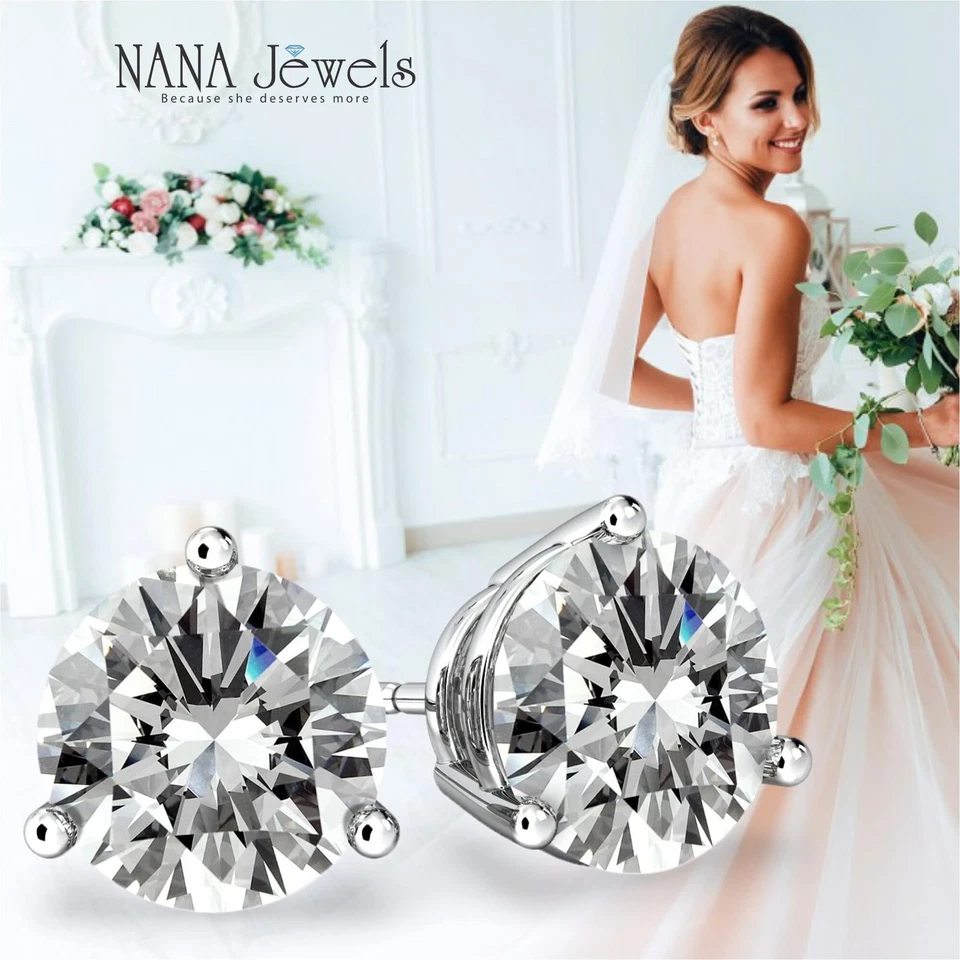 Aretes de plata enchapados en platino con circonitas de corte redondo de 4,00 CTW - 8,0 MM Foto 3 de 4