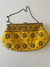 KC Malhan Yellow Gold Silk Beaded Purse Evening Bag Clutch, Chain handle