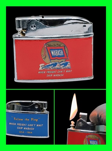 Vintage Wabash Railroad Train Freight Line Follow the Flag Flat Ad Lighter WORKS