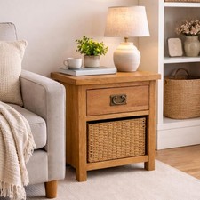 Oakcroft 1 Drawer 1 Basket End Table – Rustic Nightstand with Wicker Storage