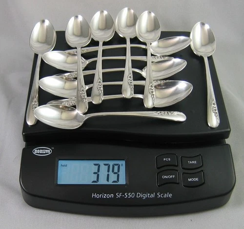 12 STERLING SILVER TEASPOONS INTERNATIONAL BLOSSOM TIME 379 gm 6" Scrap / RESALE