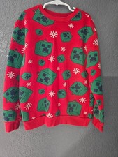 Boy's Minecraft Pullover Sweatshirt Christmas Snowflakes Creeper Size Medium Red