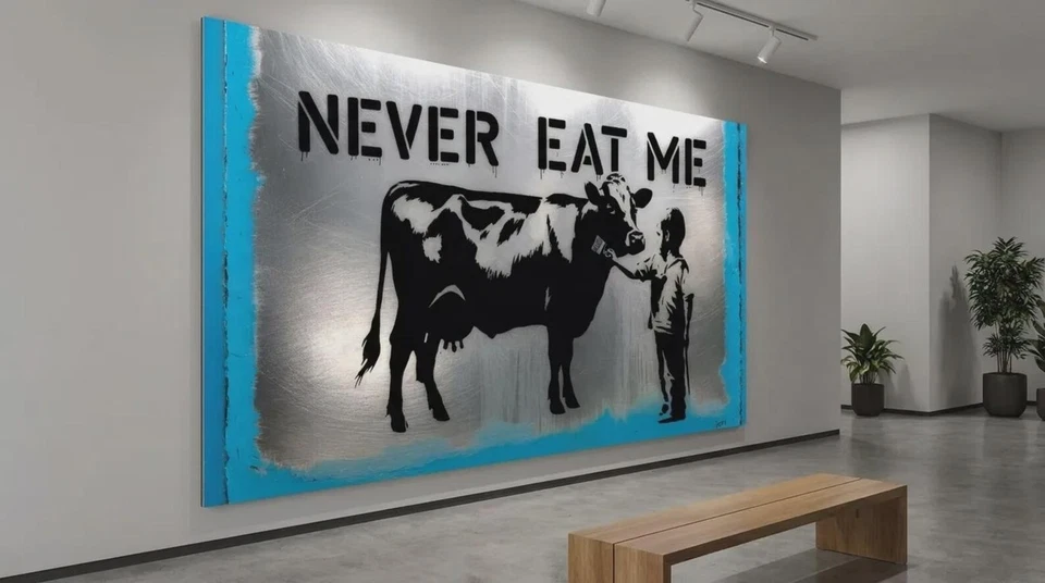 Banksy Hommage Never eat me gebürstetem Silber-Alu  XXL, limitiert, edel Pop Art - Bild 1 von 4