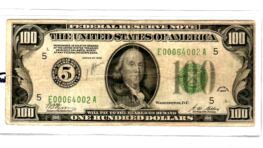$100 (RICHMOND)  "NUMBER 5" (5 DIGIT) "NUMBER 5 " 1928 (5 DIGIT)!!  RARE NOTE!!! - Image 2 of 3