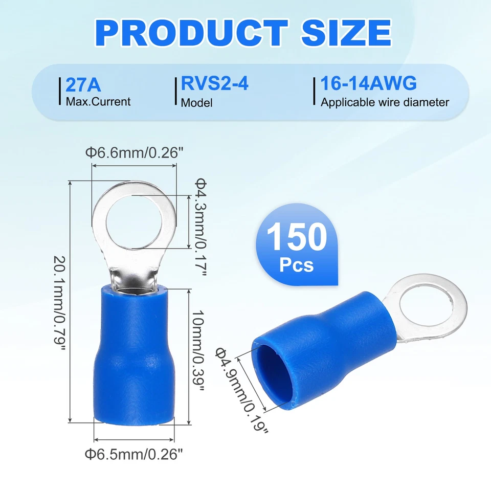 150Pcs Insulated Ring Terminal RVS2-4 Battery Lugs 16-14AWG Crimp Terminals Blue Foto 2 de 4