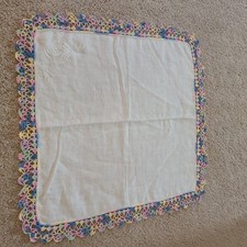 Hankie vintage in white with pastel crocheted lace. 12 x 12.