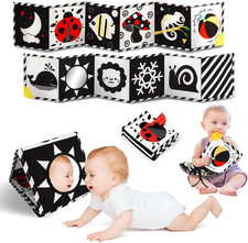 Tummy Time Toys, High Contrast Baby Book with Mirror Teether, Black and White