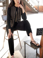 Ming Wang Eyelash Trim Metallic Shimmer Tweed Knit Jacket Women's Size XL