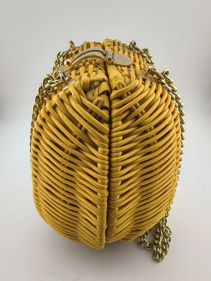 ВИНТАЖНЫЙ ГОРЧИЧНЫЙ ЖЕЛТЫЙ ЖЕЛЕ ПЛЕТЕНАЯ ЦЕПОЧКА СУМКА СУМКА СДЕЛАНО В ГОНКОНГЕ - Изображение 4 из 4
