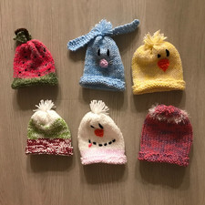 .LOT OF 6: BABY GIRLS : SILLY HAND KNITS ANIMAL HATS SIZE NB-18 MO......NEW  