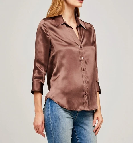 Camisa Blusa Top L'Agence Cuello en V Seda Color Sólido Manga Larga - Imagen 17 de 29