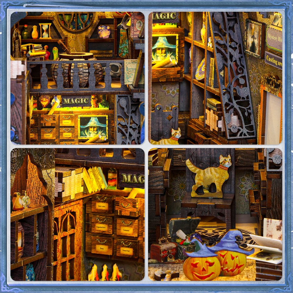 DIY Book Nook Kit 3D Wooden Puzzle Bookshelf Insert Decor with Light