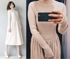 Uniqlo U Women 3D Merino Ribbed Mock Neck Long Sleeve Dress Sweater Off White
