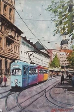 Original Watercolor Painting Colorful Tram, Germany   8" x 12"  NOT A PRINT