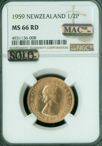 1959 NEW ZEALAND HALF PENNY NGC MS66 RD PQ MAC SOLO FINEST SPOTLESS *