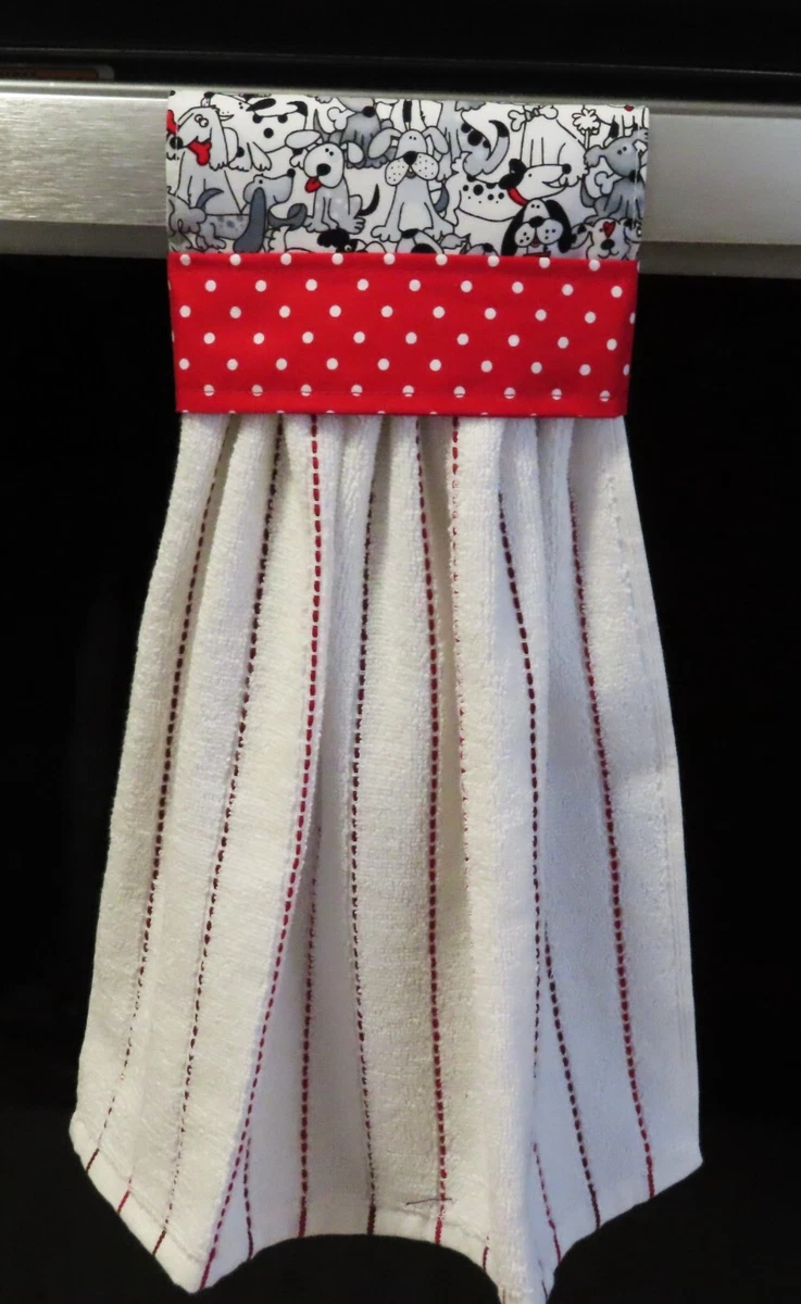 **NEW** Handmade Hanging Kitchen Dish Towel ~ Oven door towel ~ Dogs &  Polka Dot