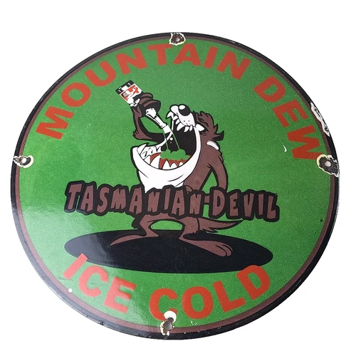 Vintage Mountain Dew Sign - Ice Cold Gas Service Pump Soda Bottle Porcelain Sign