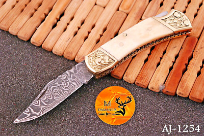 CUSTOM HANDMADE DAMASCUS STEEL FOLDING POCKET KNIFE W/ CAMEL BONE HANDLE 1254