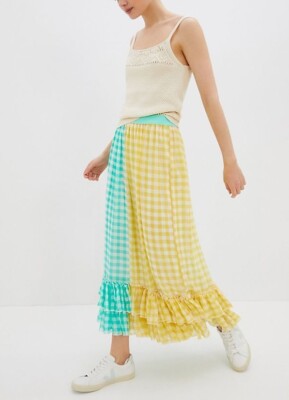 $168 Anthropologie Eva Franco Lynsey Maxi Skirt Yellow Green Plaid