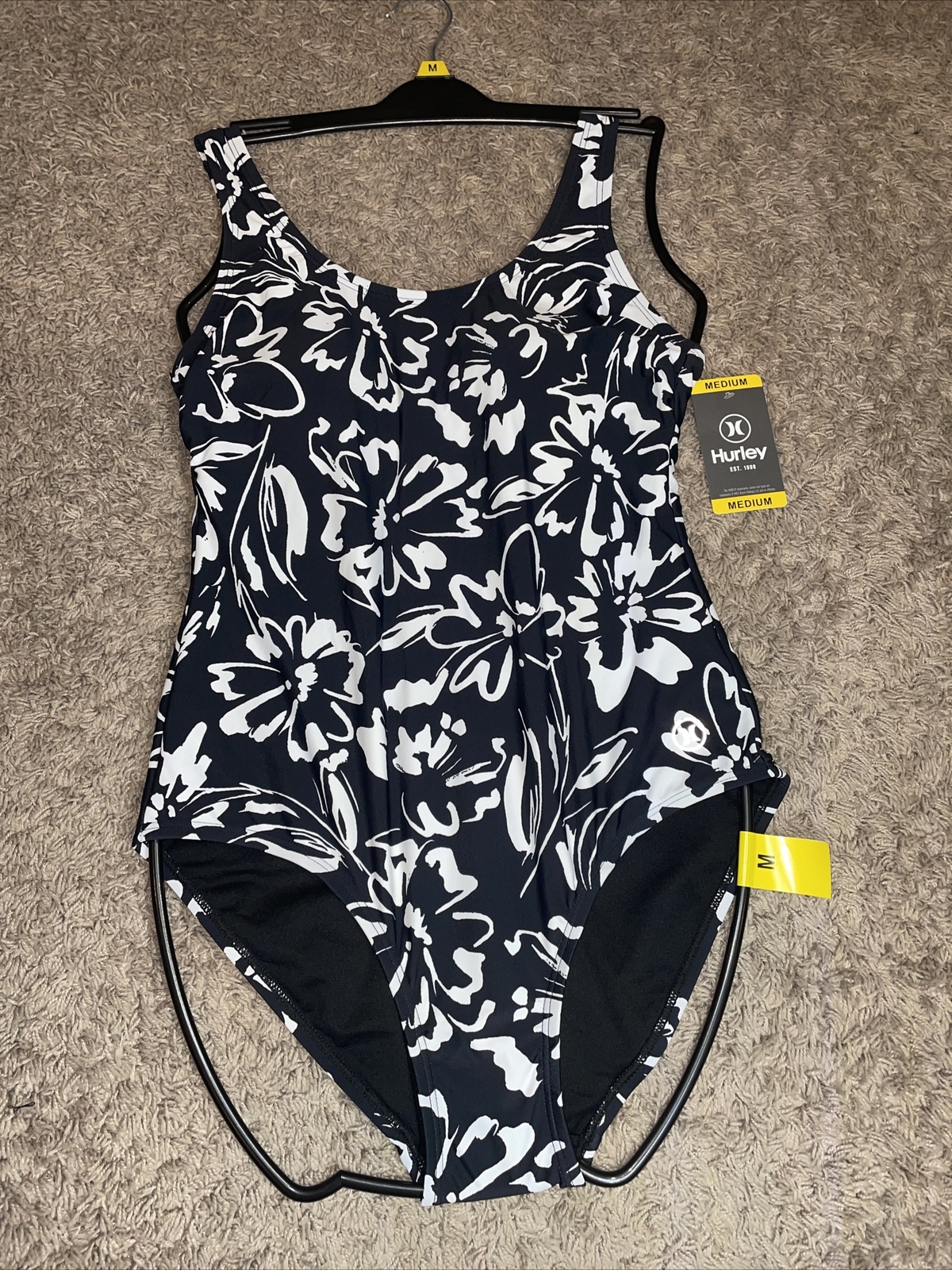 NEW Hurley Ladies Full Coverage Black White One Piece Swimsuit UPF 50