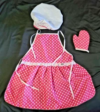 Chef Costume Girls Apron Chef Hat Sz Small Pink Polka dots