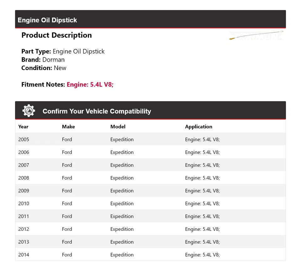 Varilla de medición de aceite de motor Dorman V8 5,4 L Ford Expedition 2005-2014 2006 2007 2008 Foto 2 de 4
