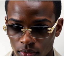 Rhinestone Men Sunglasses Rectangular Clear Lens Trendy Retro Frameless Hip Hop