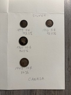 Canada Silver 1899 1901 5 cents 1901 10 cents 1945 10 cents Lot of 4 Coins
