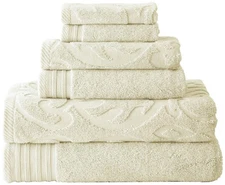 6 Piece Jacquard/Solid Towel Set-Medallion Swirl Ivory