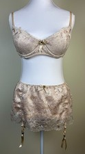 Frederick's Of Hollywood Champagne StretchLace Garter M and Padded Push up Bra L