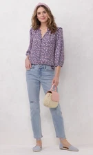 LC Lauren Conrad Womens Blouse Purple Floral Print 3/4 Sleeve Button Front S NWT