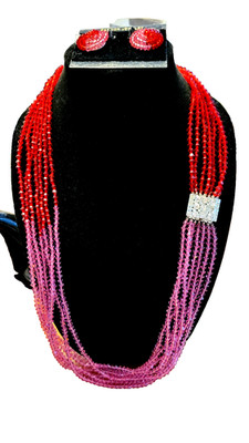 Austrian crystal necklace and clip earring set, red and pink preouned excellent 